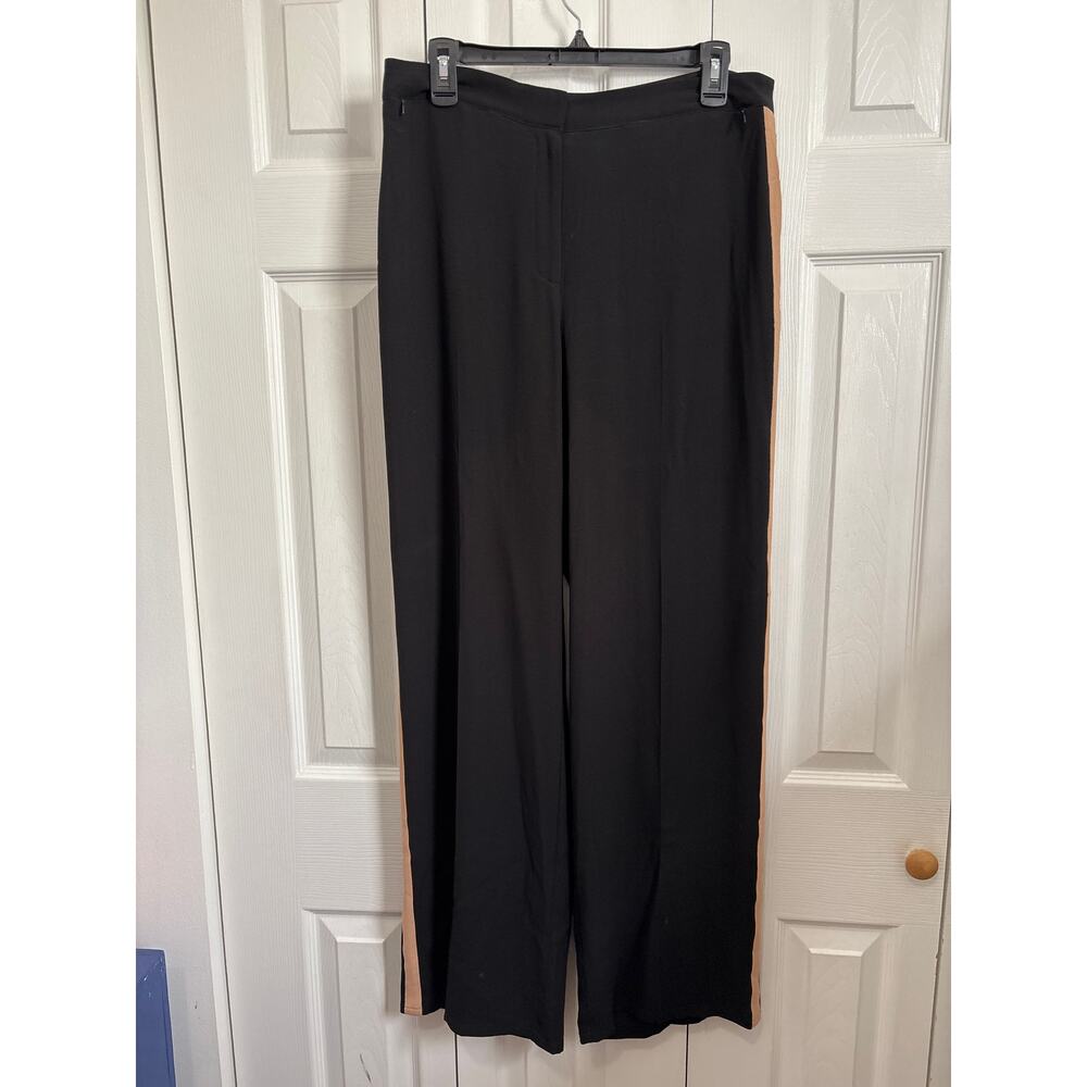 Eileen Fisher Black Straight Leg Pants with Tan Stripe - Picture 2 of 8
